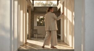 A high-end editorial fashion photograph of a stylish silhouette in a minimalist beige linen outfit,