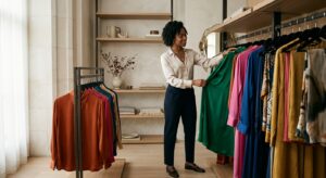 A chic, editorial-style photograph featuring a stylish woman confidently selecting vibrant silk garm