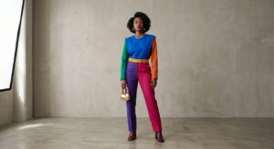 A high-end editorial fashion shot of a stylish woman confidently wearing a color-blocked outfit with