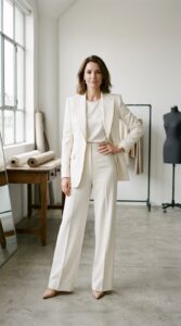 A professional editorial portrait of a woman in a perfectly tailored, monochromatic outfit standing
