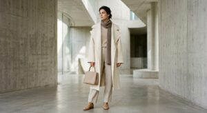 A high-fashion editorial shot of a woman in a minimalist, layered outfit of neutral tones, featuring