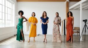 An elegant, high-end editorial shot of five diverse, stylish dresses displayed on minimalist mannequ