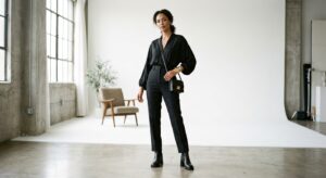 A high-end editorial fashion photograph of a stylish woman wearing a monochromatic outfit and strate