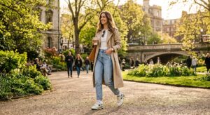 A stylish, high-quality editorial shot of comfortable yet fashionable sneakers styled with spring tr