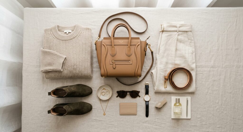 An elegant, professional flat lay featuring a stylish leather handbag placed next to a curated selec