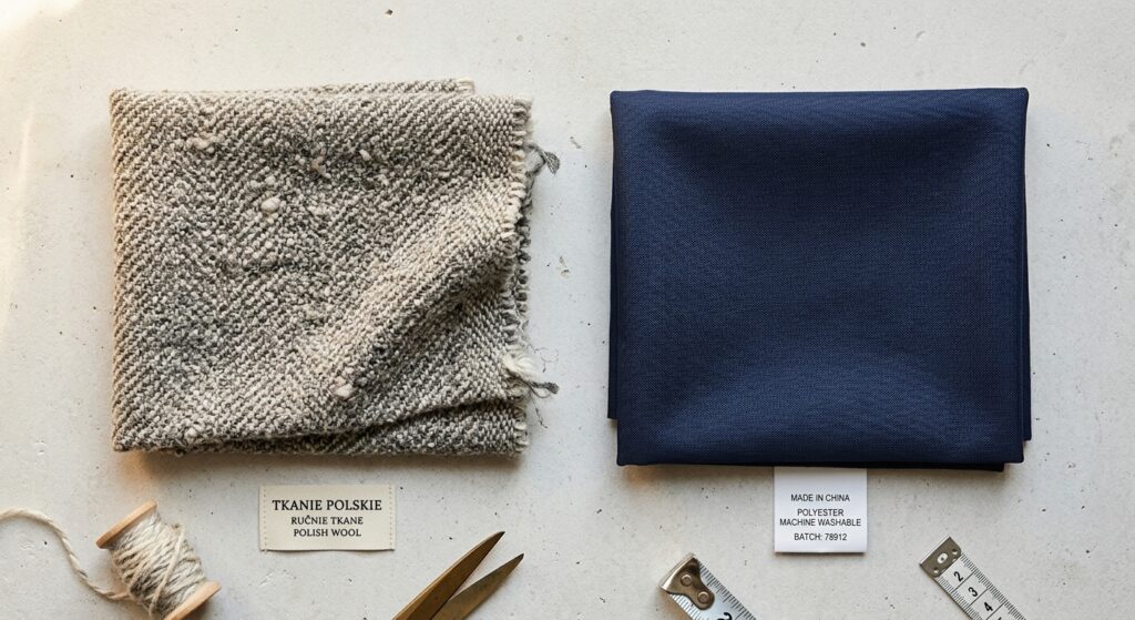 A professional editorial flat lay contrasting a high-quality textured wool fabric from a Polish arti
