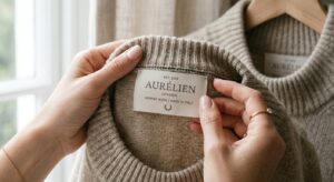 A high-end editorial close-up of a clothing label being held by elegant hands, featuring soft natura