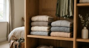 A professional, editorial-style photograph of neatly folded, high-quality cashmere and wool sweaters