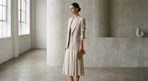 A high-end editorial fashion photograph featuring a minimalist outfit in a monochromatic palette wit