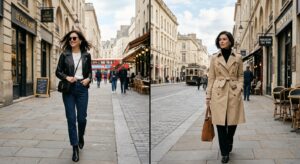 A stylish split-screen editorial shot comparing a sleek black leather jacket on one side and a class