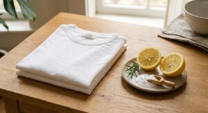 A minimalist, high-end editorial shot of a neatly folded cotton garment next to natural household cl