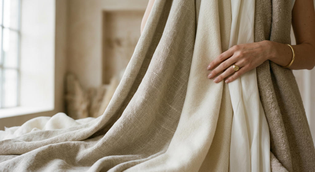 A professional, editorial-style close-up of high-quality, draped fabric textures in neutral tones, f