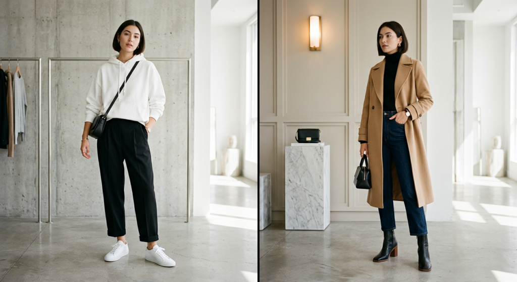 A high-end editorial split-screen composition featuring a chic street style outfit with minimalist s