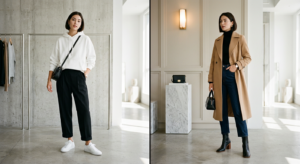 A high-end editorial split-screen composition featuring a chic street style outfit with minimalist s