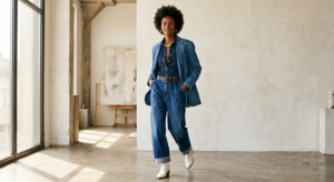 A high-end editorial fashion shot featuring a stylish woman confidently posing in various modern den