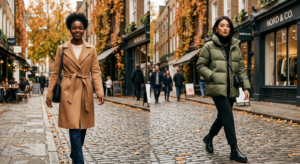 High-end editorial fashion photography featuring a stylish woman showcasing a chic wool coat and a m