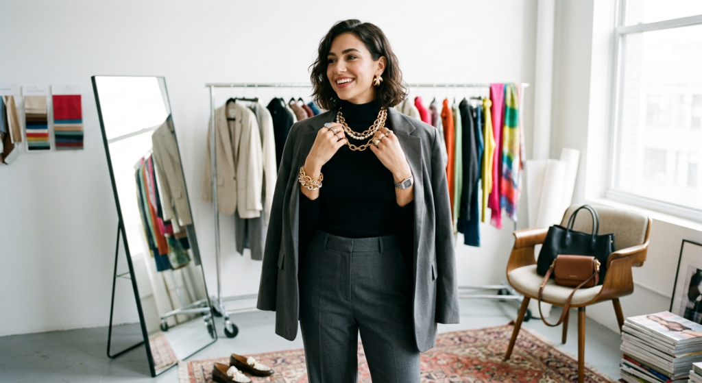 A chic, editorial-style photograph of a stylish woman effortlessly updating her outfit with statemen