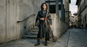 A high-end editorial fashion shot featuring a stylish woman in a layered, textured outfit standing a