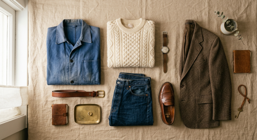 A sleek, professional editorial flat lay of high-quality vintage clothing items styled with minimal