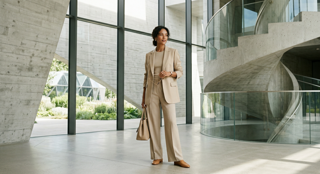 A high-end editorial fashion shot of a chic woman in a minimalist, neutral-toned outfit standing in