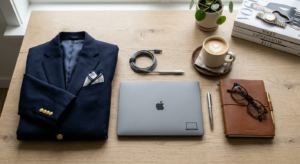A sophisticated and professional flat lay featuring an elegant blazer, a minimalist laptop, a leathe