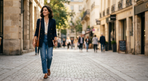 A chic, editorial-style photograph of a stylish woman wearing a perfectly tailored navy blazer over