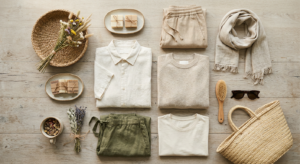 A high-end editorial flat-lay of sustainable linen and organic cotton garments organized neatly on a