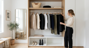 A high-end editorial photograph of a curated capsule wardrobe inside a bright, minimalist dressing r