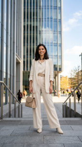 A professional, editorial-style full-length portrait of a stylish woman wearing a monochromatic outf