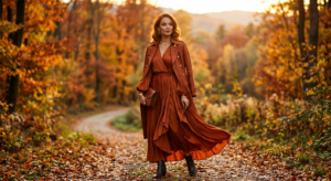 High-end editorial fashion photography of a sophisticated woman with warm autumn skin undertones, we