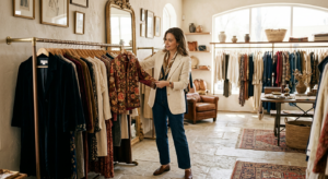 A high-end editorial photograph of a stylish woman curating unique vintage garments in a sunlit, aes