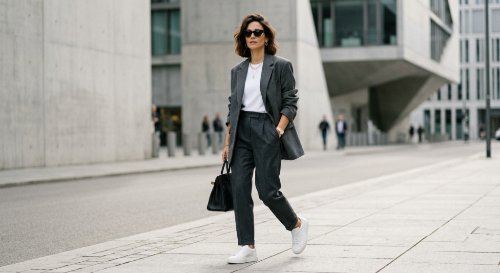 A professional editorial shot of a stylish woman wearing an oversized blazer paired with high-end wh