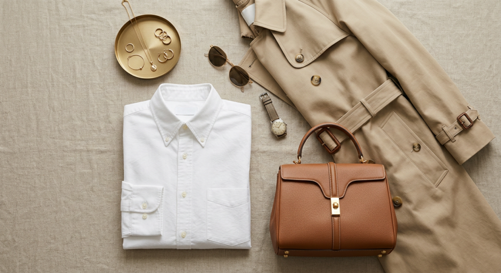 A flat-lay photography of timeless fashion essentials including a crisp white shirt, beige trench co