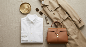 A flat-lay photography of timeless fashion essentials including a crisp white shirt, beige trench co