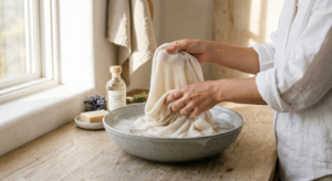 A professional, editorial-style close-up of a high-quality silk or cashmere garment being gently han