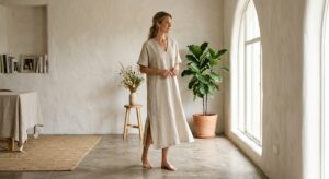 A professional, high-end editorial shot of a woman wearing a minimalist, high-quality linen dress in