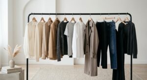 A minimalist, editorial-style photograph featuring a perfectly curated rack of neutral-toned capsule