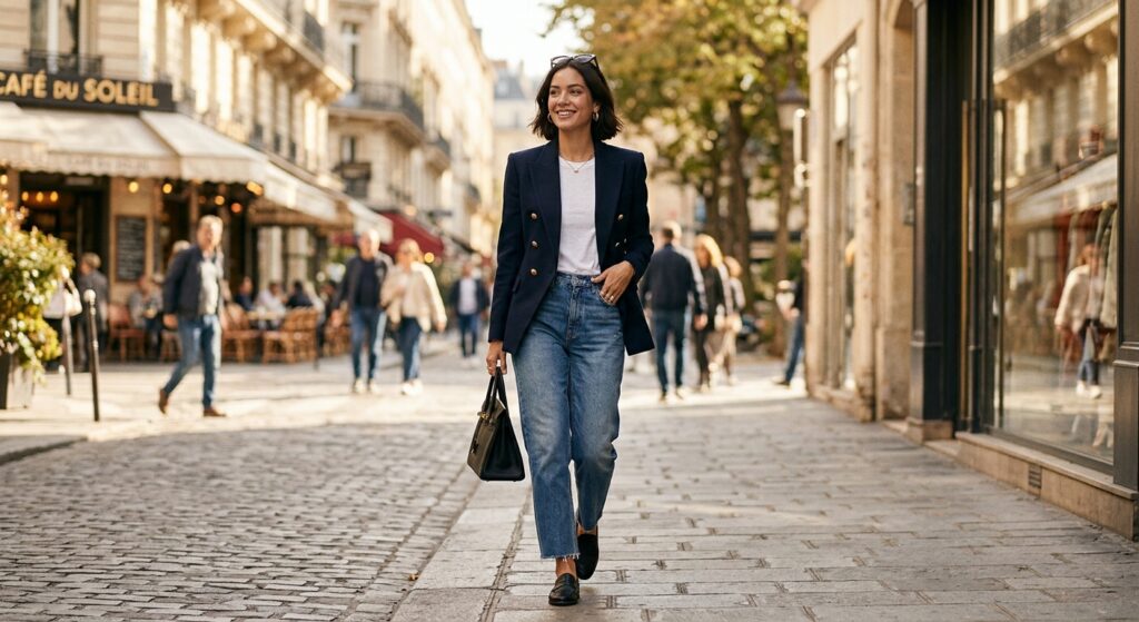 A high-end editorial fashion shot of a stylish woman wearing a sharp, tailored blazer paired with re