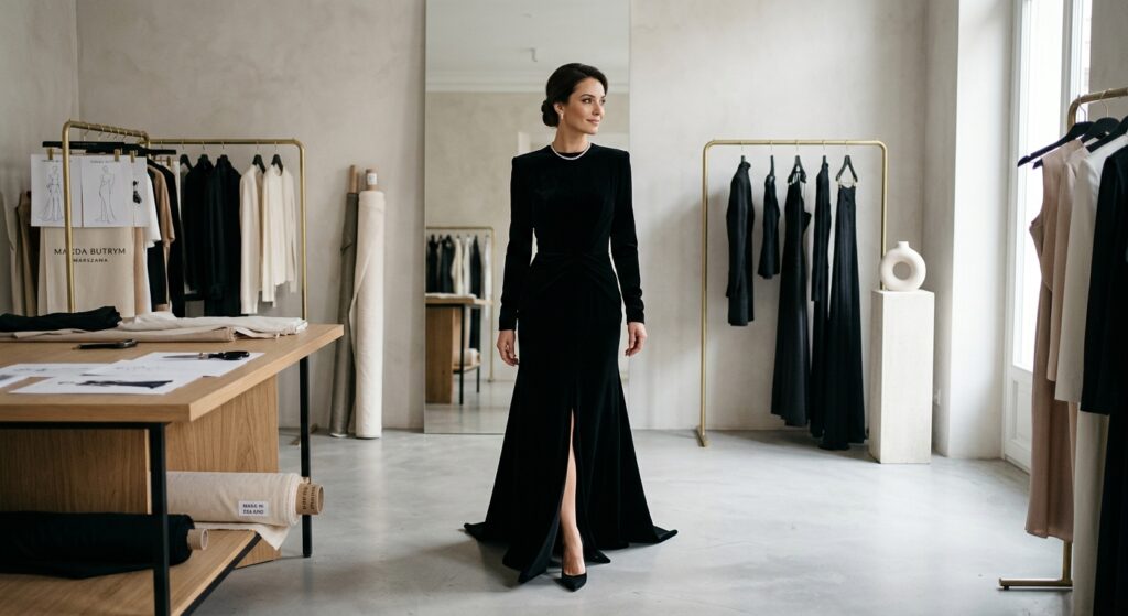 A professional editorial shot of an elegant woman wearing a sophisticated evening gown by a luxury P