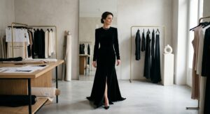 A professional editorial shot of an elegant woman wearing a sophisticated evening gown by a luxury P