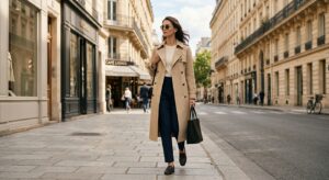 A chic, high-fashion editorial shot of a stylish woman wearing a perfectly tailored beige trench coa