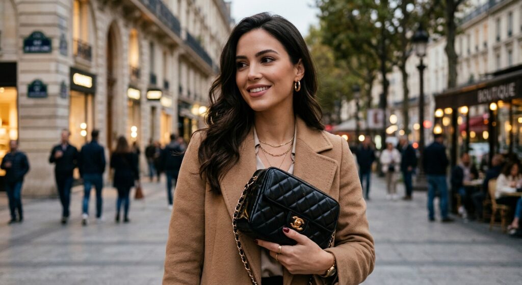 A high-end editorial close-up of a stylish woman holding an iconic designer handbag against a blurry