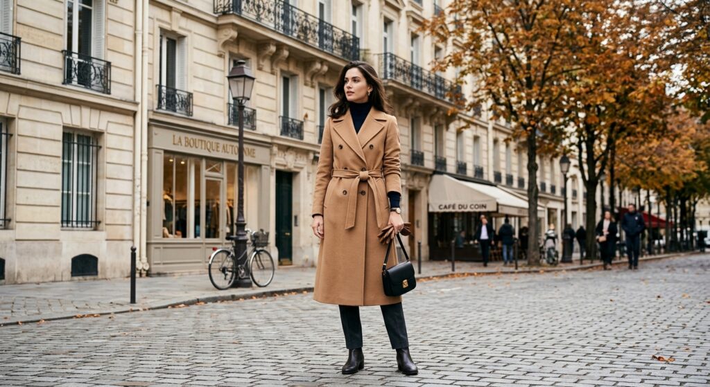 An elegant, high-end editorial shot of a woman in a luxurious camel-colored wool coat standing on a