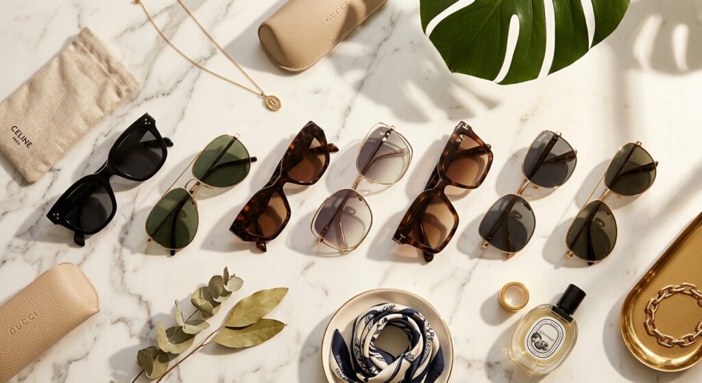 A sophisticated, editorial-style flat lay featuring a variety of high-end, stylish designer sunglass