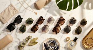 A sophisticated, editorial-style flat lay featuring a variety of high-end, stylish designer sunglass