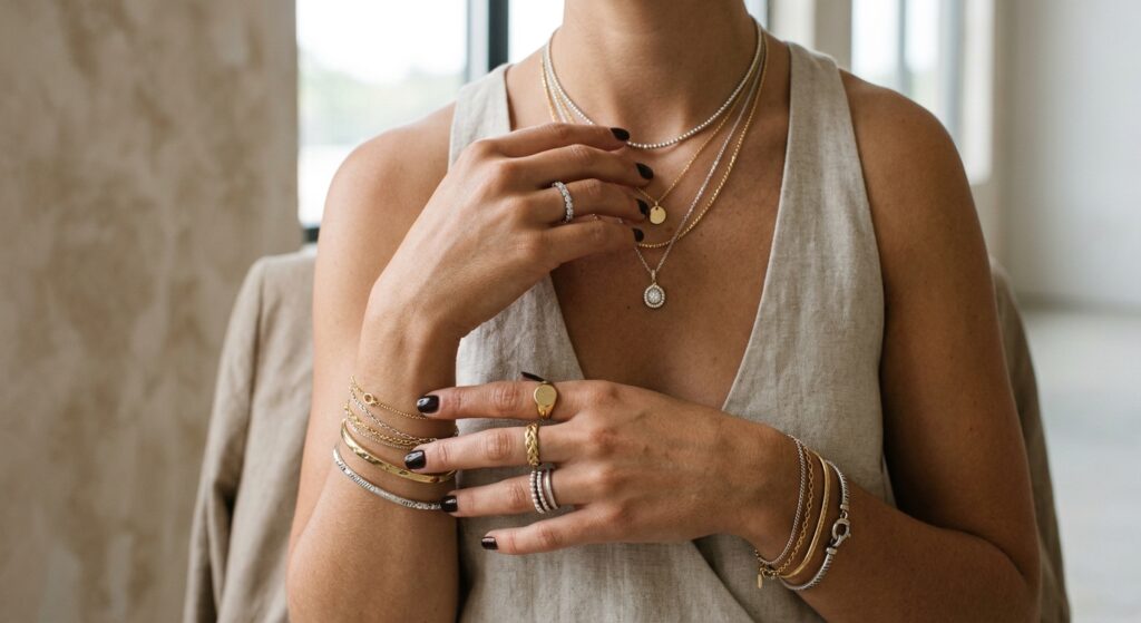 Close-up editorial shot of a woman's hands and neckline elegantly wearing a curated mix of layered g