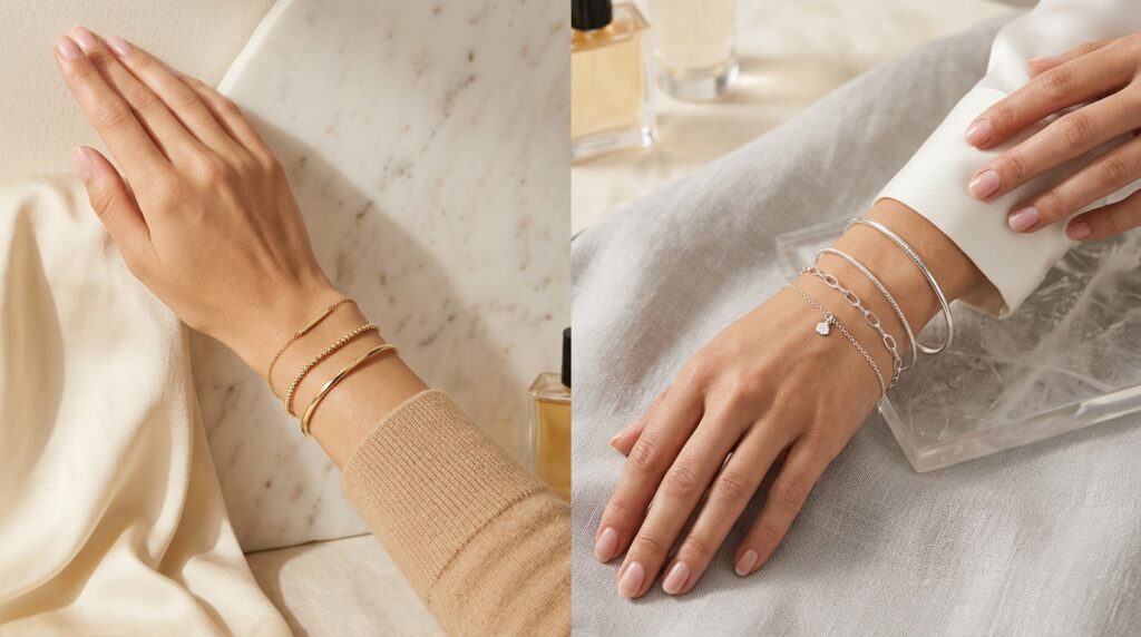 An elegant, editorial-style split composition featuring a close-up of a woman's wrists adorned with