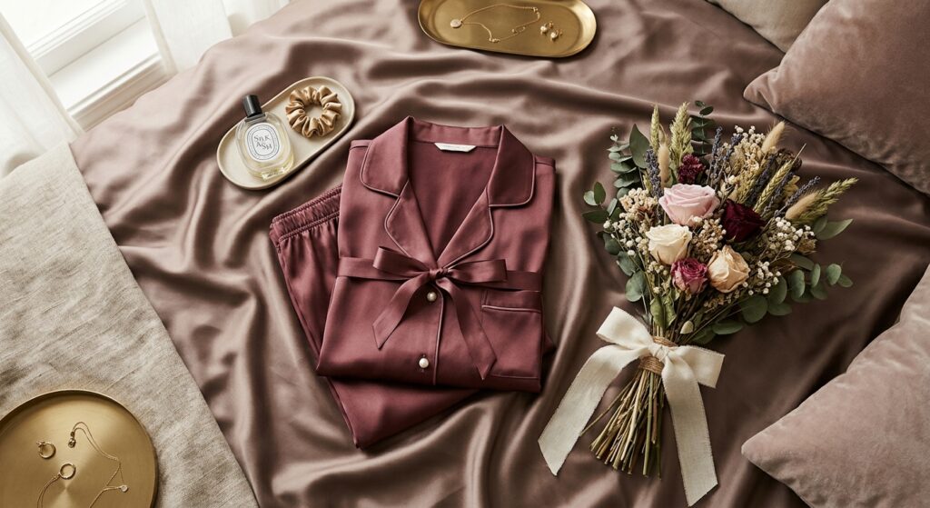 An elegant, flat-lay editorial photograph of luxurious mulberry silk nightwear folded neatly on a sa