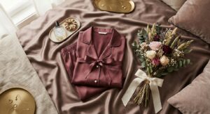 An elegant, flat-lay editorial photograph of luxurious mulberry silk nightwear folded neatly on a sa