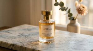 A sophisticated, editorial-style close-up of an elegant glass perfume bottle resting on a textured m